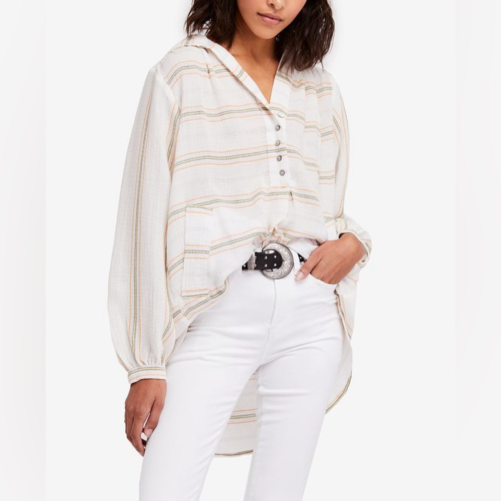 Free People Rolling Clouds Hooded Blouse Size Small Cotton Ivory Cream Striped